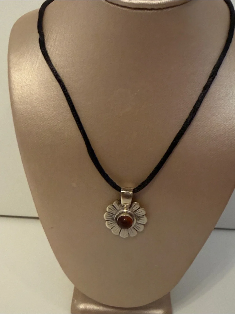 NECKLACE STERLING SILVER DAISY FLOWER PENDANT AMBER CENTER BLACK SILK CORD 17”